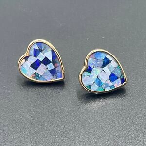 14K‎ Gold 15mm Heart Mosaic Opal Earrings C M/J Designer Signed
Stud Posts 3.12g